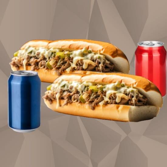 Two XL Philly Cheesesteak Subs and Two Cans Soda