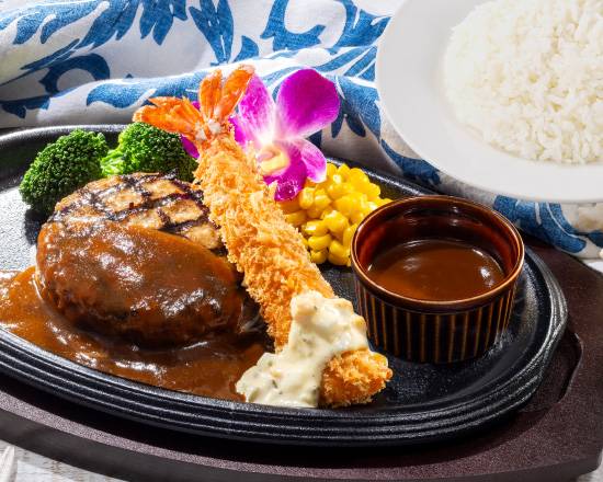 国産肉厚ハンバーグ デミグラスソース&海老フライ ライス付 Japanese Meaty Hamburg Steak with Demi-Glace Sauce & Fried Prawn with Rice