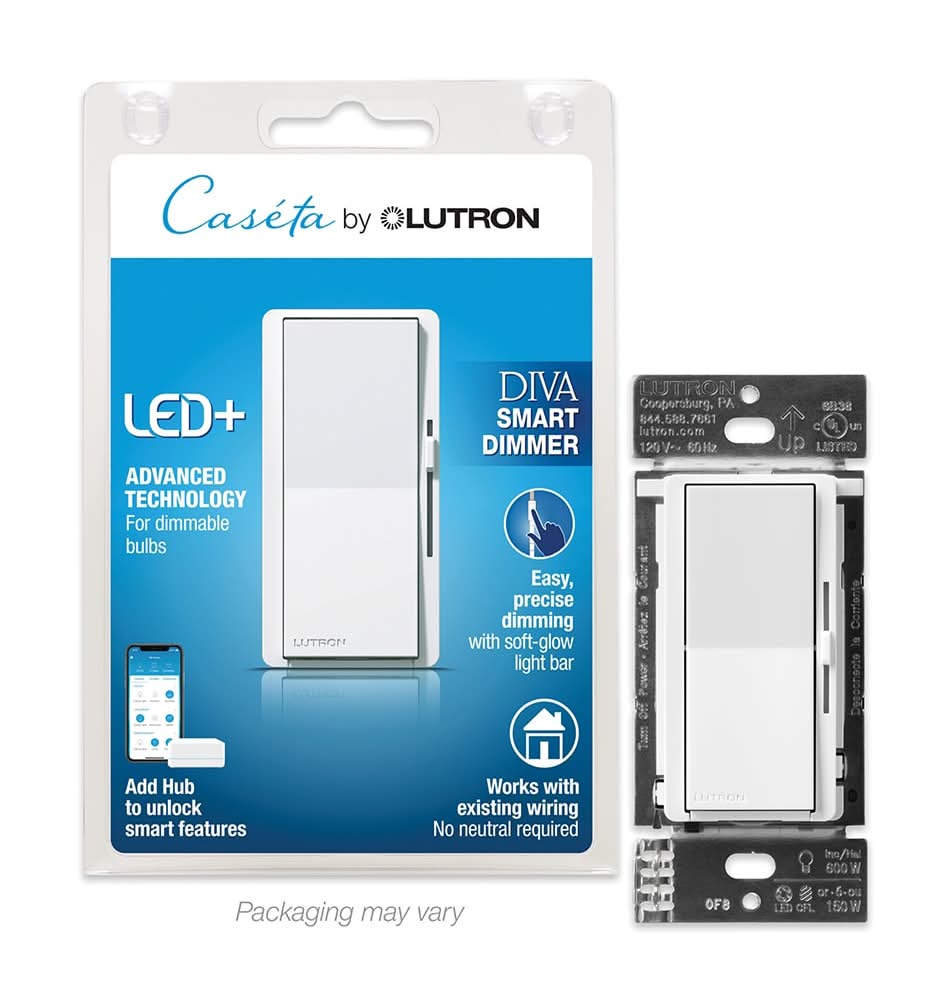 Lutron Caseta Smart Lighting Diva Smart Dimmer Multi-Location Smart Compatible LED Illuminated Rocker Light dimmer switch White