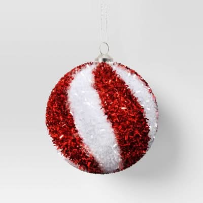 Christmas Tinsel Ball Peppermint Red and White Ornament - Wondershop™