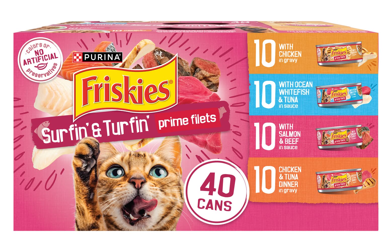 Purina Friskies Surfin & Turfin Prime Filets Favorites Cat Food Variety pack, Chicken-Salmon & Beef-Ocean Whitefish & Tuna-Chicken & Tuna (40 x 5.5 oz)
