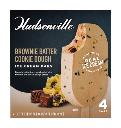 Hudsonville Ice Cream Brownie Batter Cookie Dough, 4Ct 3.5Oz Ice Cream Bars