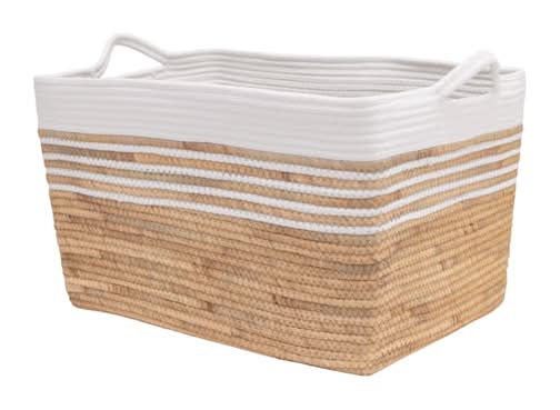Seville Classics Rectangle Water Hyacinth & Rope Basket, L, White