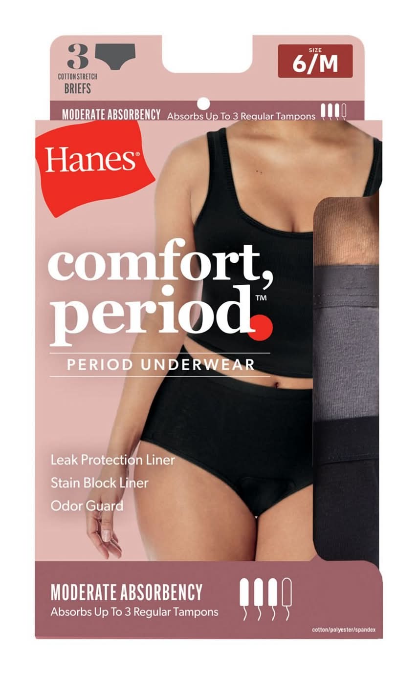 Hanes Neutrals Moisture Wicking Absorbent Panel Comfort Period Briefs, Women, 6, Assorted (3 ct)