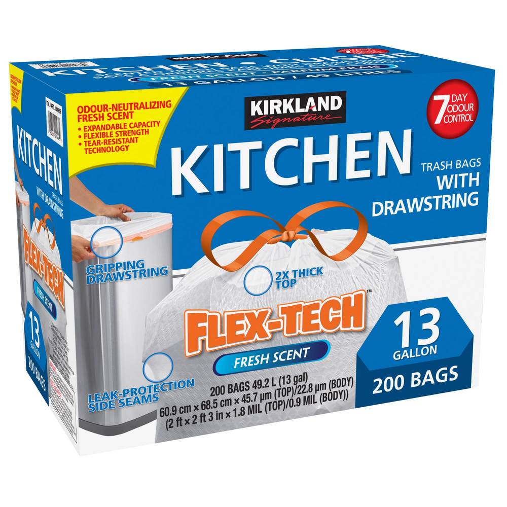 Kirkland Signature Sac parfumée à ordures de cuisine avec cordons (200 units) - Flex tech fresh scent kitchen bags (200 units)