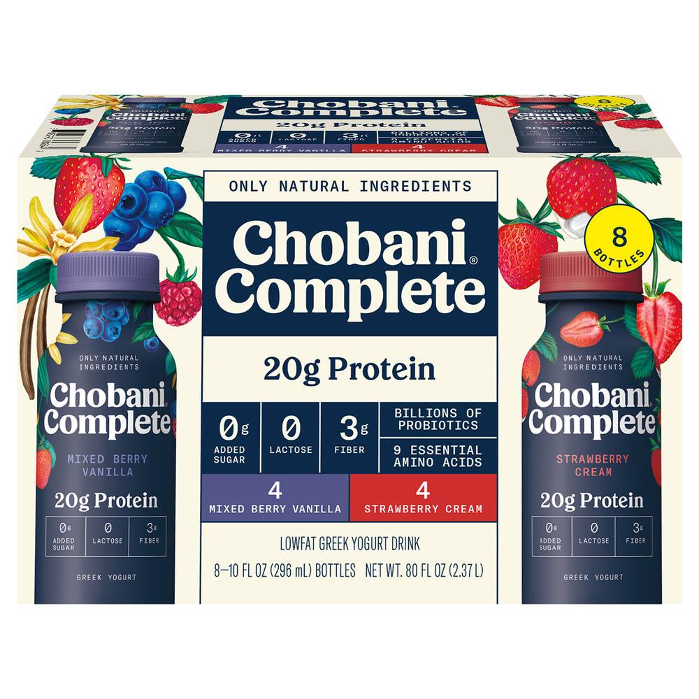 Chobani Complete Protein Greek Yogurt Shakes Varity pack, Strawberry Cream - Mixed Berry Vanilla (8 x 10 fl oz)