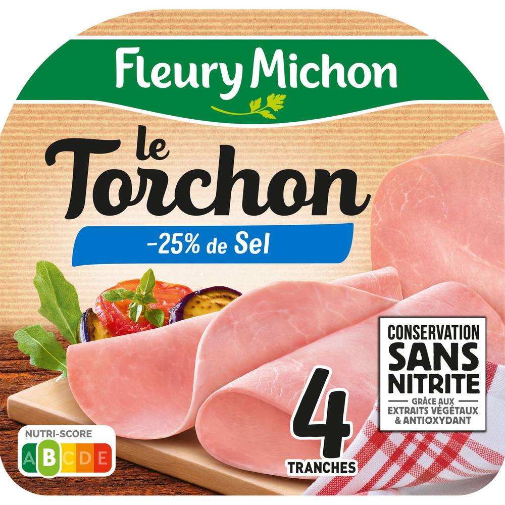 Fleury Michon - Jambon le torchon cuit à l'étouff�ée réduit en sel (4 pièces)