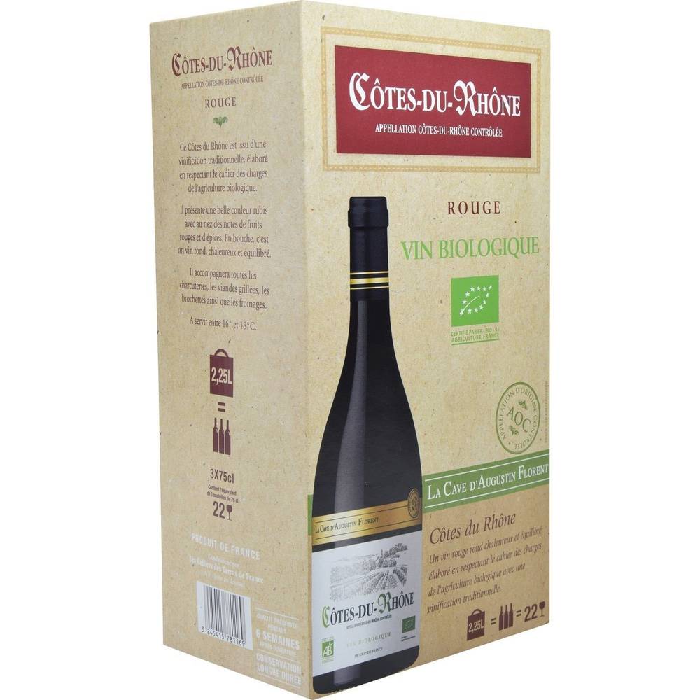 La Cave d'Augustin Florent - Vin rouge côtes du Rhône AOC bio (3 pack, 750 ml)