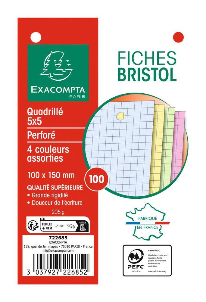 Exacompta - Fiche bristol petits carreaux couleur, 10x15cm (100)