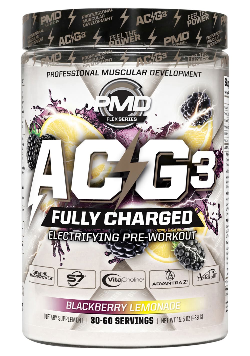 PMD Acg3 Fully Charged Electrifying Pre Workout Powder, Blackberry Lemonade (15.5 oz)