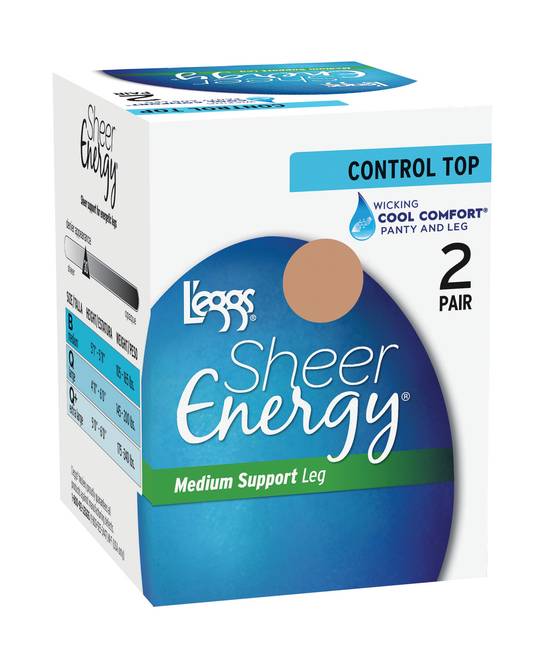 L'eggs Sheer Energy Control Top Medium Leg Support, Nude, 2 CT, Size B