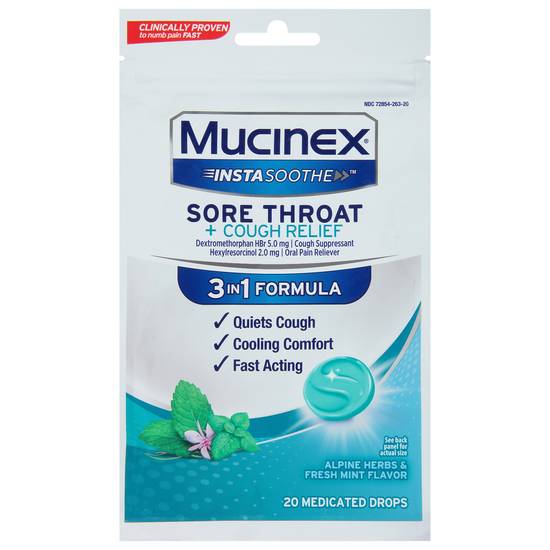Mucinex Sore Throat + Cough Relief Fresh Mint Flavor Medicated Drops (20 drops)