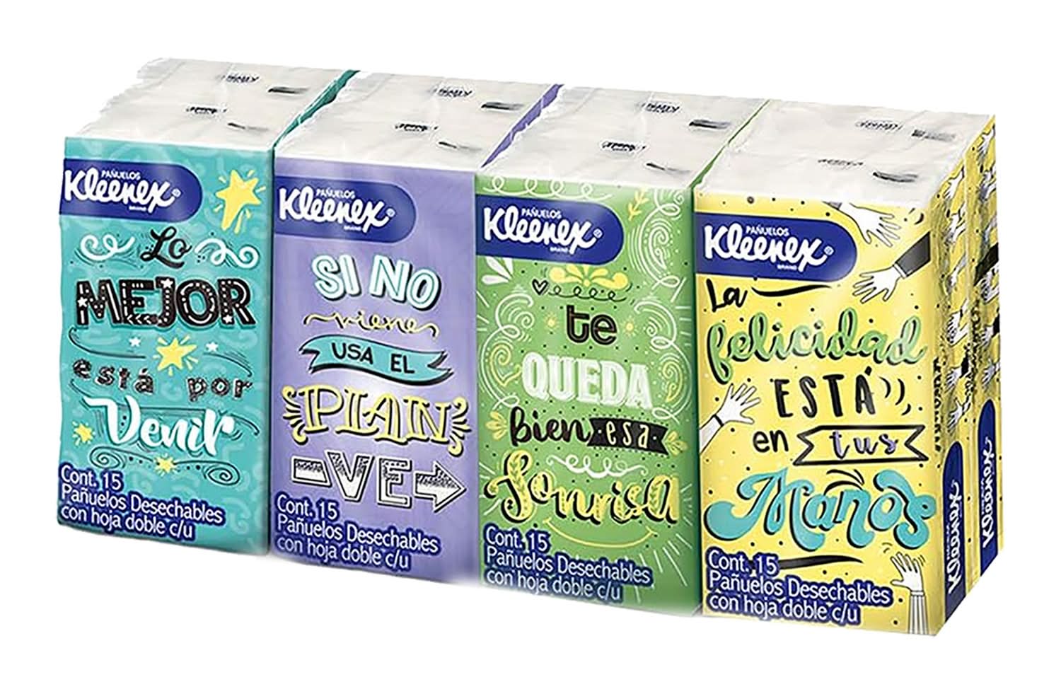 Kleenex · Pañuelos faciales desechables con hoja doble (8 x 15 un)