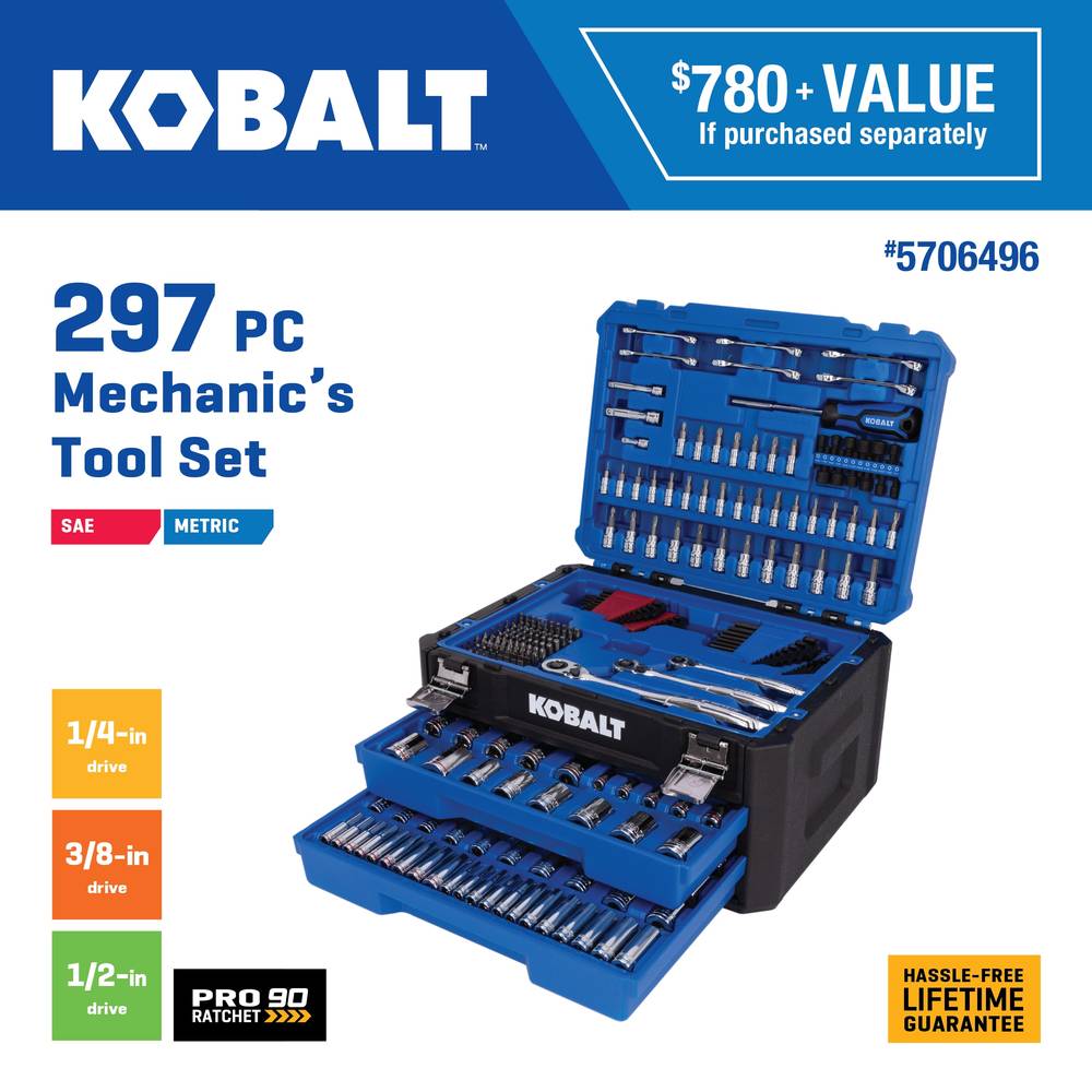 Kobalt Mechanics Tool Set With Hard Case, 1/4" x 3/8" x 1/2" (297 ct)