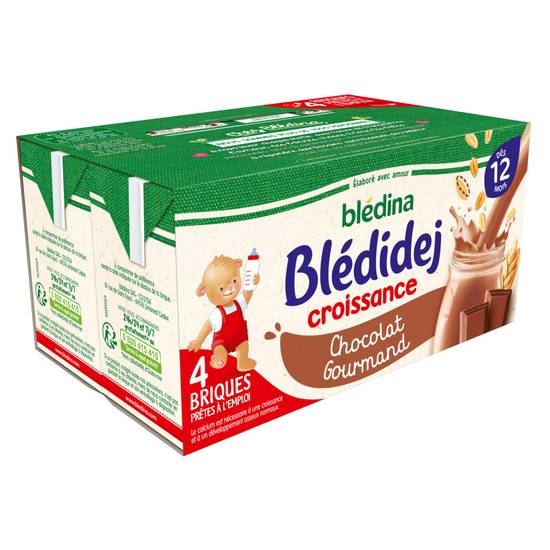 Lait et céréales bébé Blédidej dès 12 mois, chocolat BLEDINA 4 briques - 1l