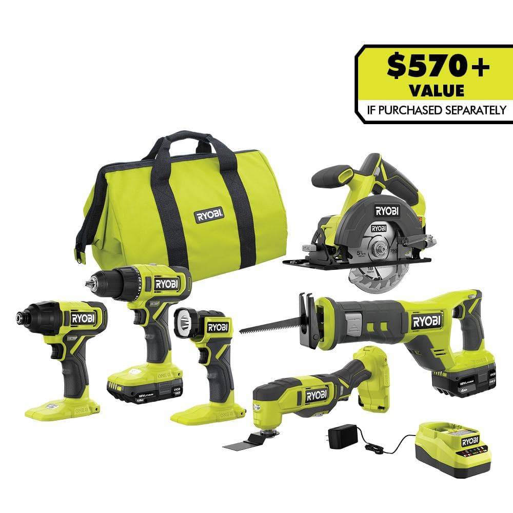 Ryobi One+ 18v Cordless 6-tool Combo Kit With 1.5 Ah Battery, 4.0 Ah Battery, and Charger (7 ct)