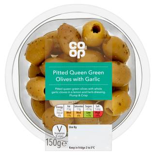 Co-op Pitted Queen Green Olives with Garlic 150g