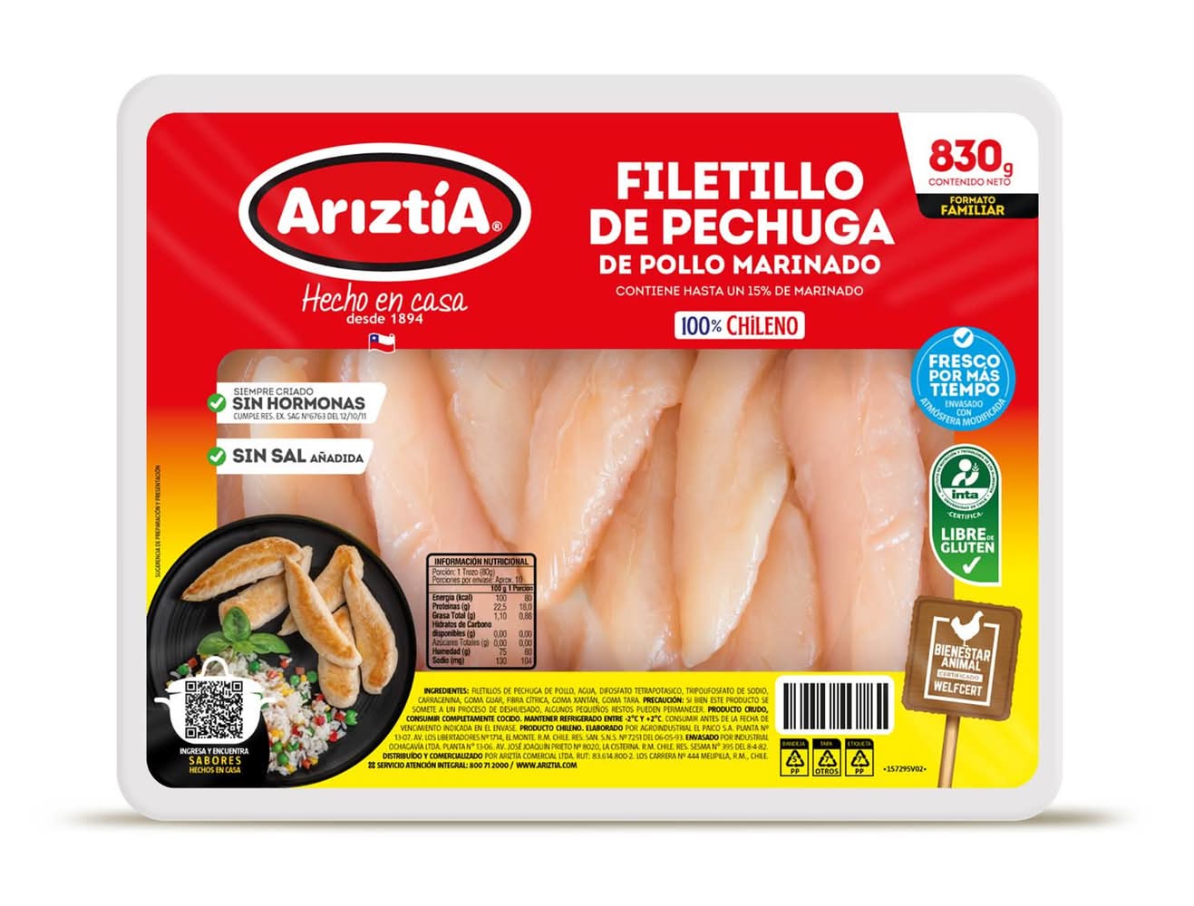 Ariztía · Filetillo de pechuga de pollo marinado - Familiar (830 g)