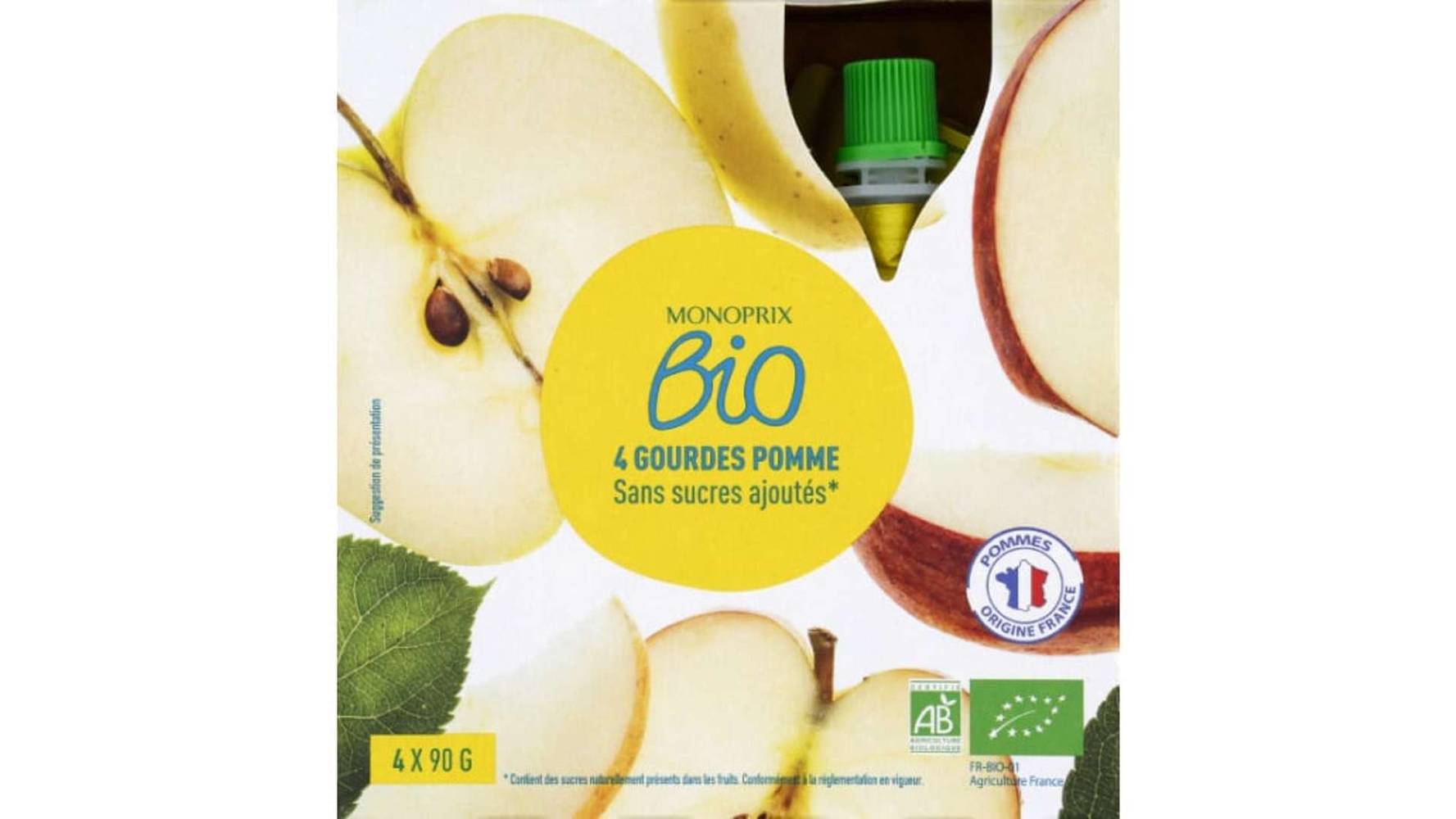 Monoprix Bio Purée de pomme sans sucres ajoutés, bio Les 4 gourdes de 90g