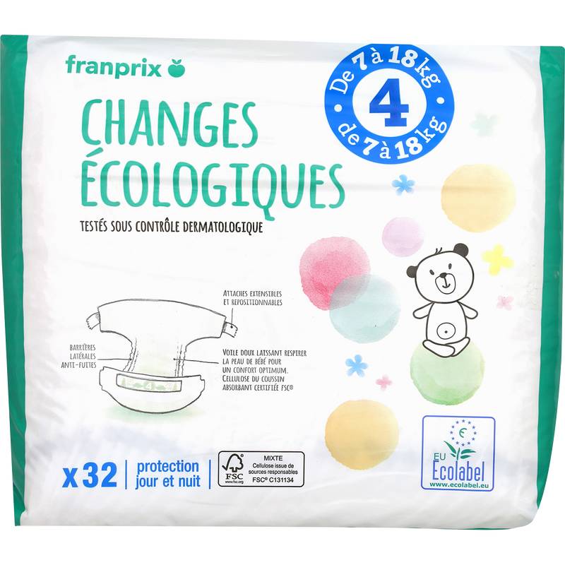 Franprix - Couches bébé écologiques 7 à 18 kg (32 unités) (taille 4)