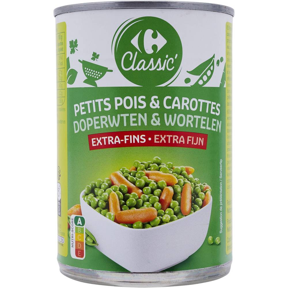 Petits pois et carottes extra-fins CARREFOUR CLASSIC' - la boite de 265g net égoutté