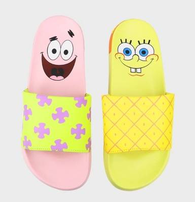 Men's SpongeBob Slides - Yellow/Pink 10: Nickelodeon Sandals, Open Toe, Slip On