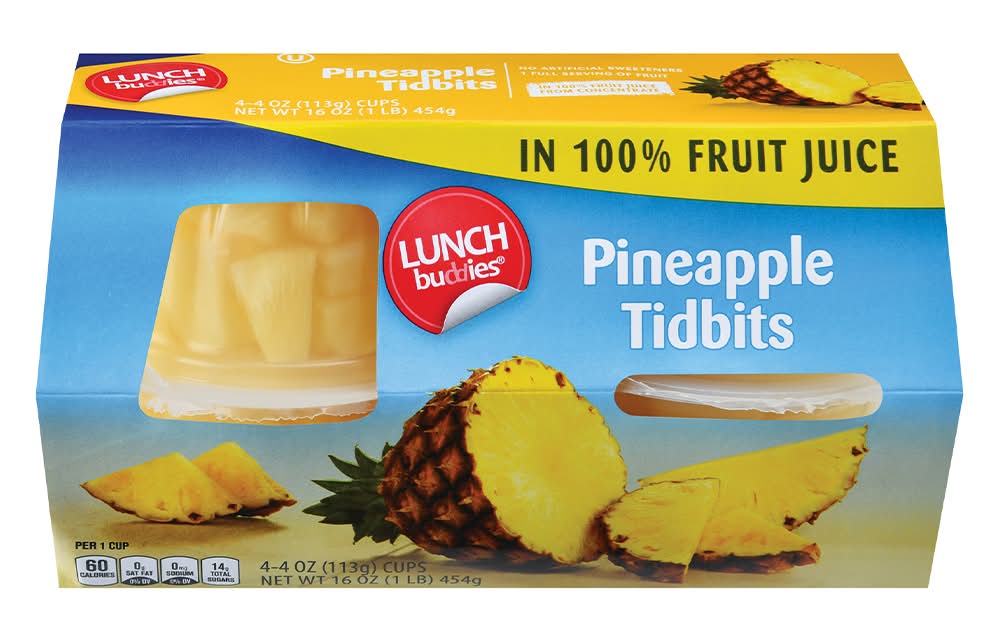 Lunch Buddies Pineapple Tidbits in 100% Fruit Juice Cups (4 x 4 oz)