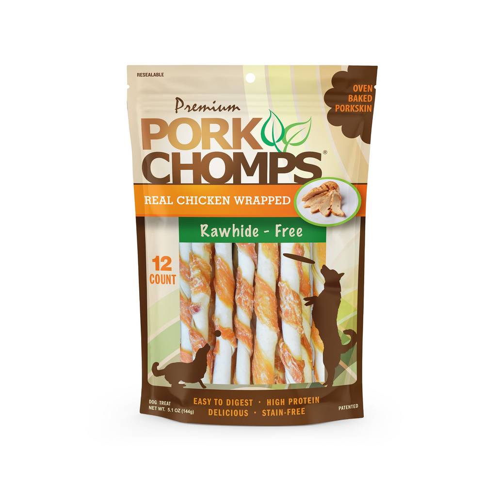 Pork Chomps Premium Baked Mini Rawhide-Free Dog Treats, Chicken (5.1 oz, 12 ct)