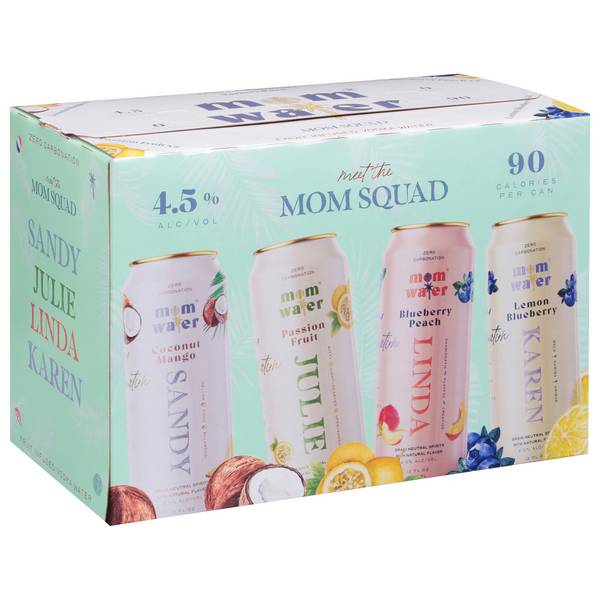 Mom Water Fruit Infused Vodka Water Variety pack (8 pack, 12 fl oz) (coconut mango-passion fruit-blueberry peach-lemon blueberry)