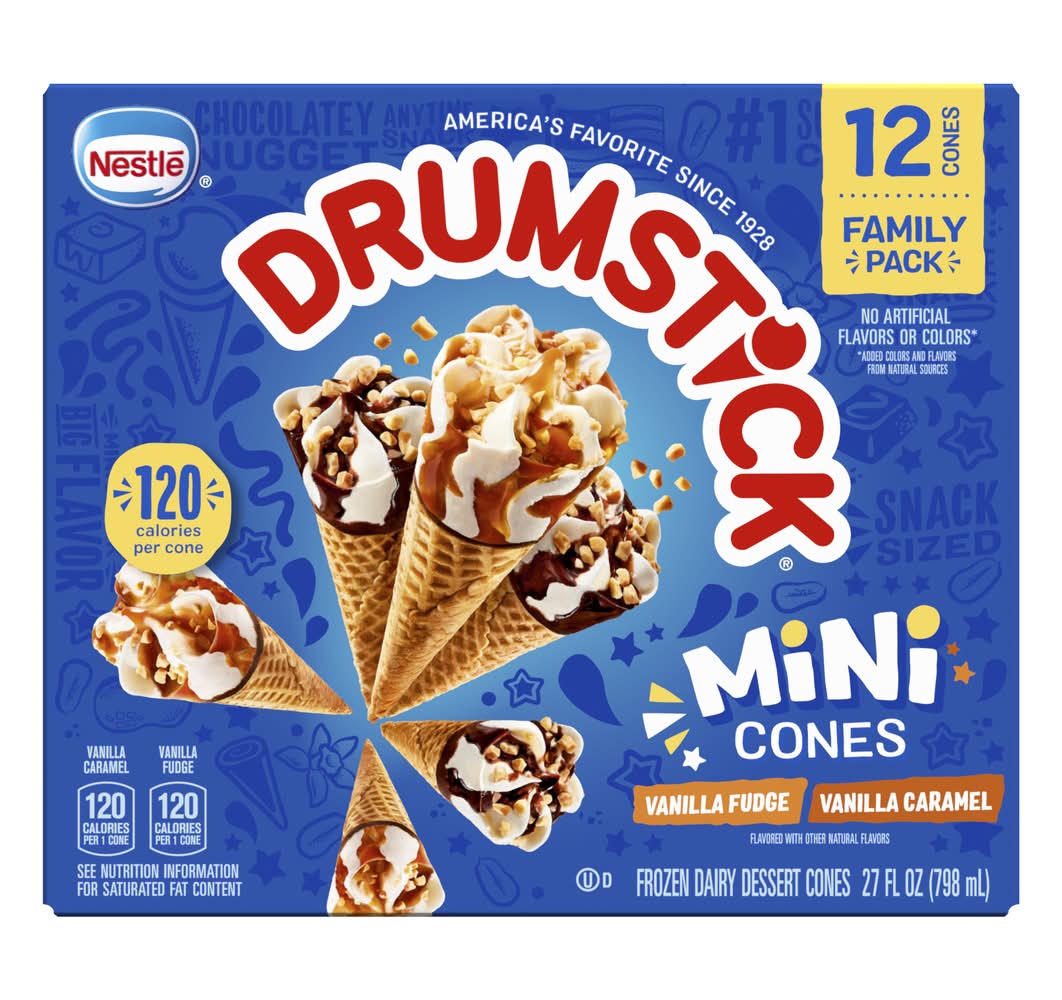 Drumstick Lil Drums Frozen Dairy Dessert Cones, Vanilla Fudge-Vanilla Caramel (27 fl oz, 12 ct)