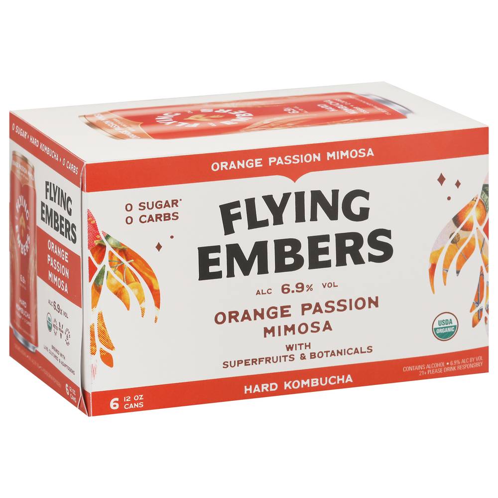 Flying Embers Hard Kombucha Cans, Orange Passion Mimosa (6 x 12 oz)