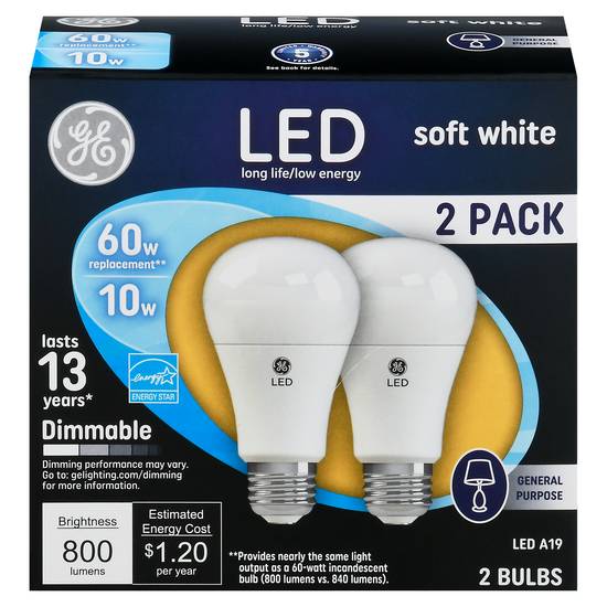 Ge 60w Soft White Dimmable Led A19 Light Bulbs (2 bulbs)