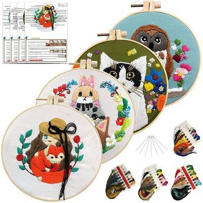 4pcs Cotton Linen Animal Styling Embroidery Fabric Kit Diy Material Package 20cm Bamboo Embroidery Hoop