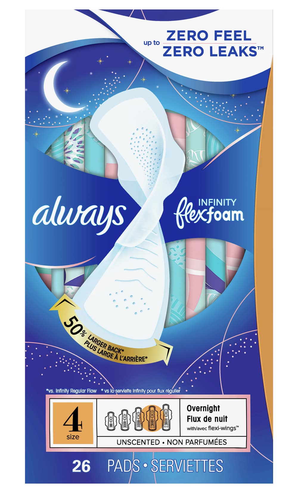 Always Overnight Flexfoam Unscented Pads With Wings, 4 (26 ct)