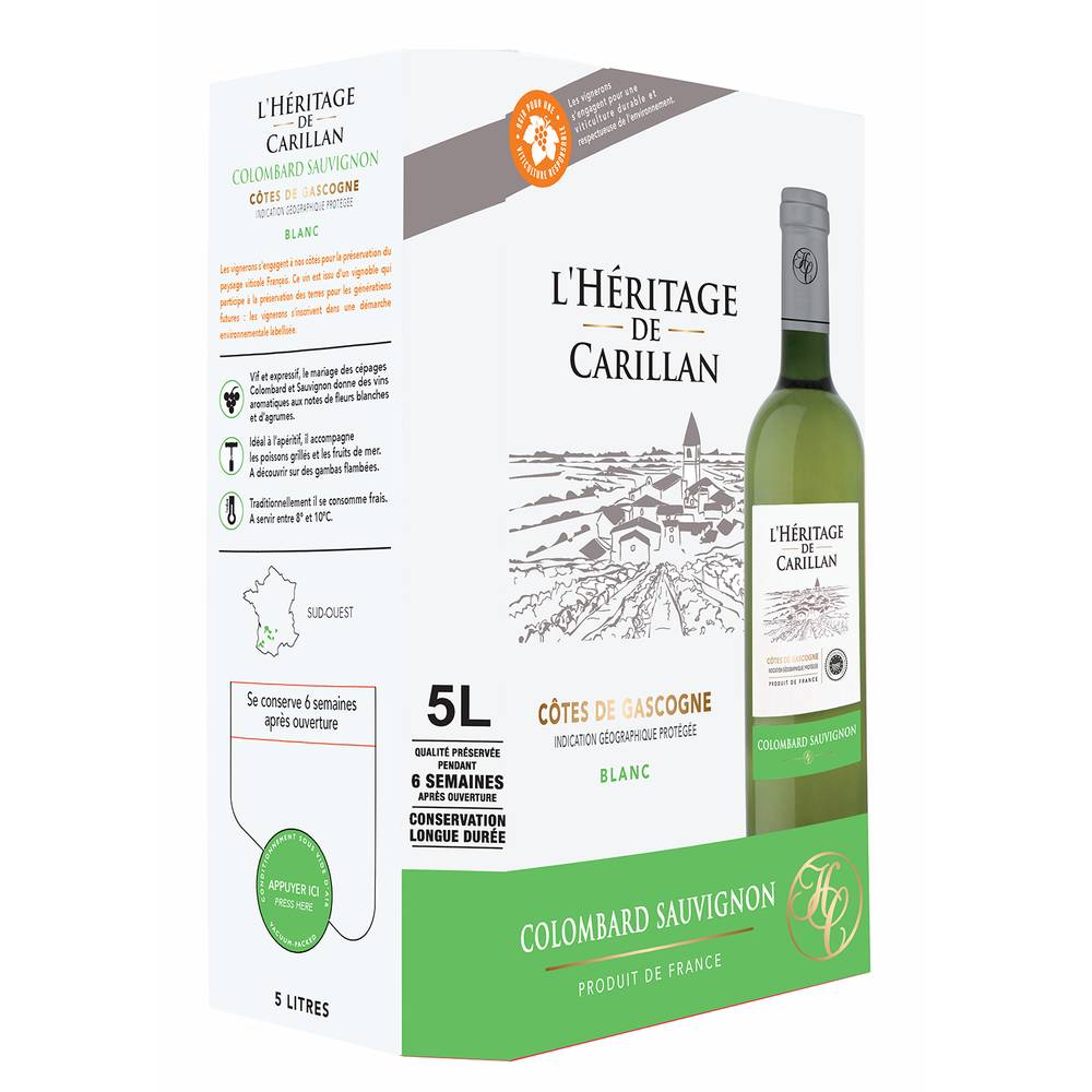 L'Héritage de Carillan - Vin blanc igp côtes de gascogne colombard sauvignon domestique (5L)