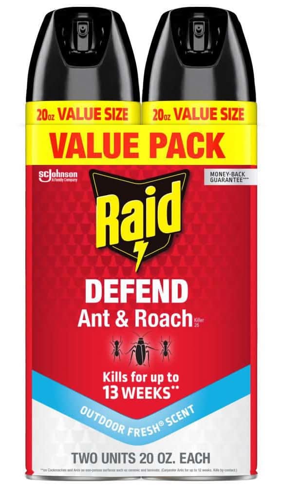 Raid 20 Oz. Defend Ant And Roach Killer, Indoor Insecticide, Residual Killing Power, Outdoor Fresh Scent, 2-Ct Insect Killer
