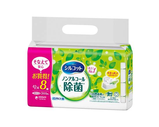 411535：シルコット ノンアルコール除菌ウェットティッシュ 詰替用43枚×8 / Silcott, Non-Alcohol Disinfecting Wipes, Refill, 43 Sheets x 8 Pieces