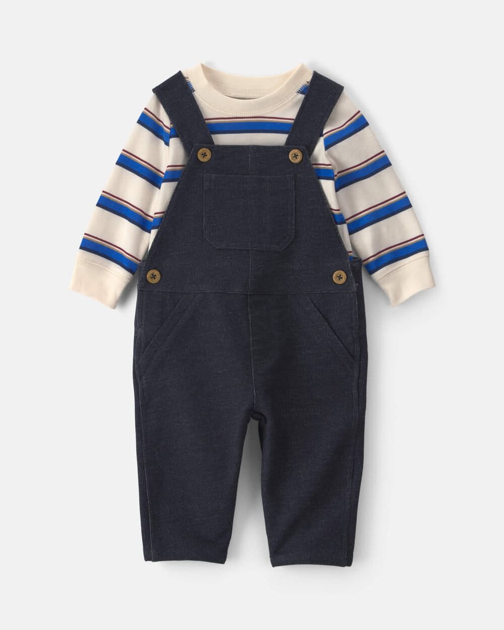 Baby Boy 2-Piece Striped French Terry Long-Sleeve Overall Set - Indigo/Cream - 3M