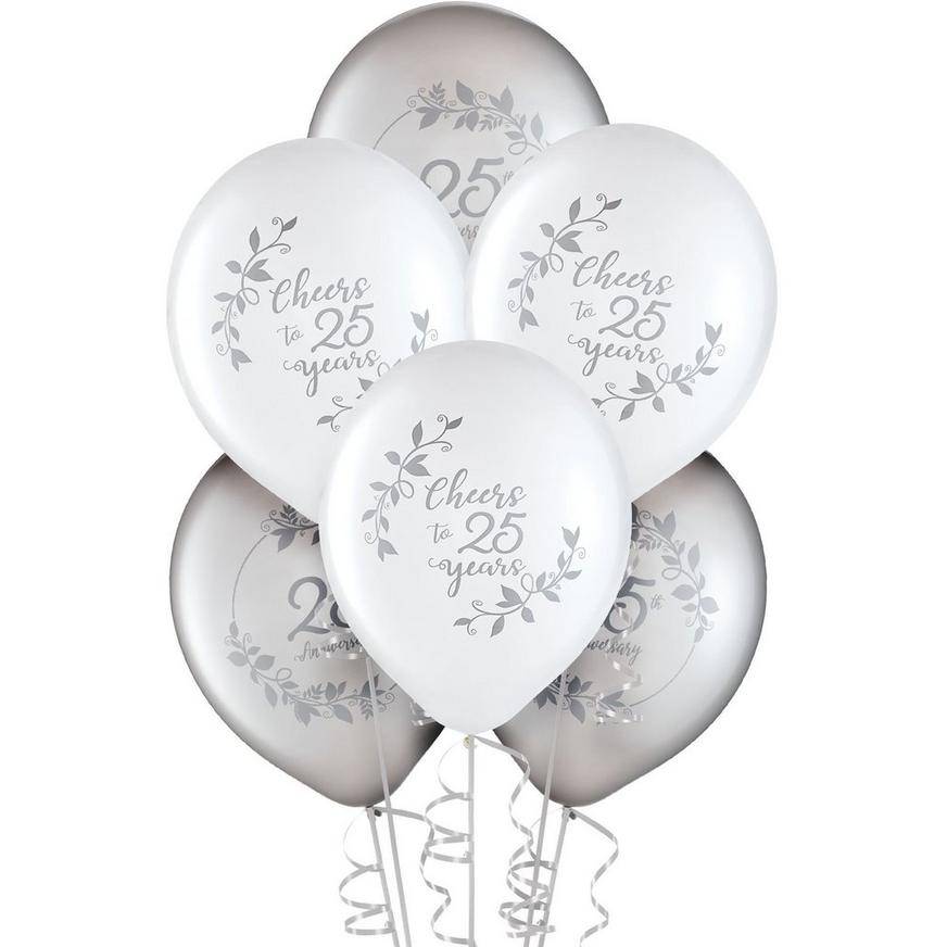 Uninflated Silver White 25th Anniversary Latex Balloons, 12in, 15ct
