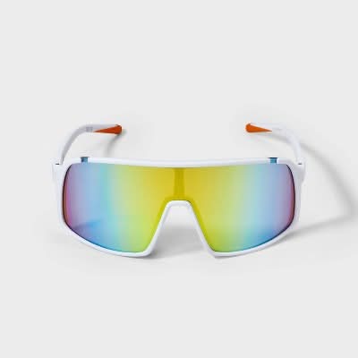 All In Motion Rubberized Plastic Shield Sunglasses With Mirrored Lenses, Men, White