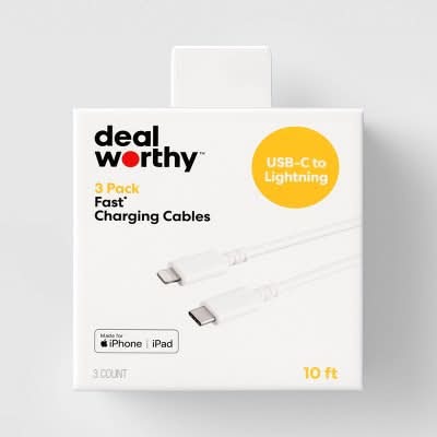 Dealworthy Usb C To Lightning Fast Charging Cable, 10 ft, White (3 ct)