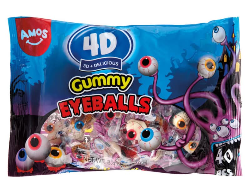 Party City Amos 4d Halloween Gummy Eyeballs, Lemon Peach Strawberry, Multi (8.47 oz, 40 ct)