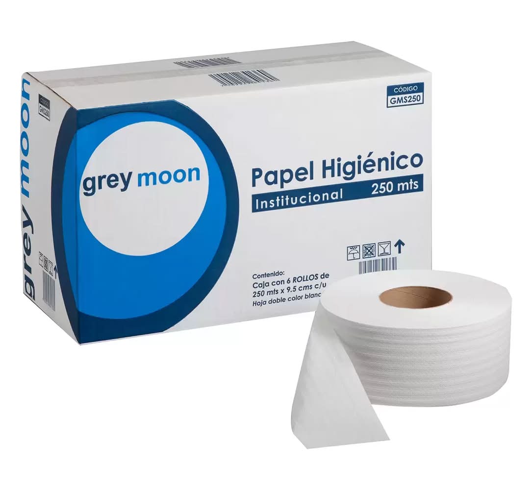 Greymoon · Papel higiénico institucional hoja doble gms250, 250m x 9.5cm, blanco (6 un)