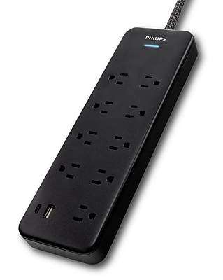 Philips Adapter Spaced 9-Outlet Surge Protector with USB Charging, 2400J, 6 ft. Braided Cord, Black (SPP3983B/37-T1)`