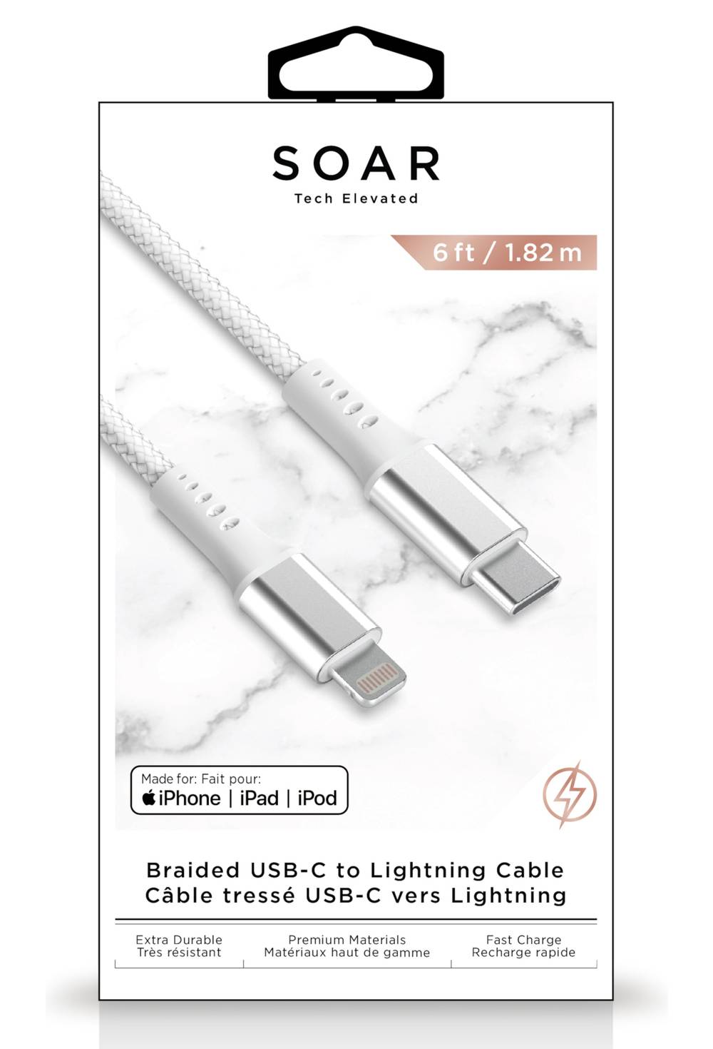 Câble tressé USB-C à Lightning Soar, blanc, 6 pi / Soar Braided USB-C To Lightning Cable, White, 6-ft.