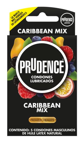 Prudence · Caribbean condones mix, mango-mora-maracuyá-frambuesa-tutti frutti. (5 un)