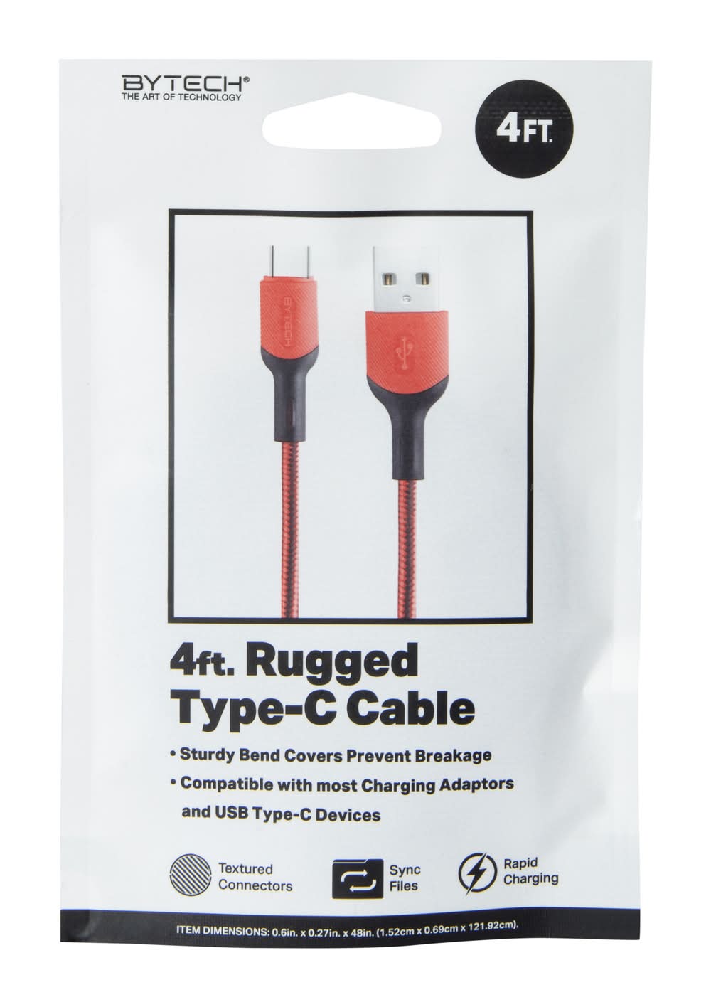 Rugged USB-C To USB-A 4ft Cable Red