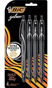 BIC Gel-ocity Quick Dry Retractable Gel Pen, Medium Point, 0.7 mm, Black Ink, 4/Pack (RGLCGP41-BLK)