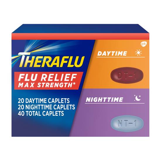 Theraflu Flu Relief Max Strength Daytime and Nighttime Flu Medicine Bundle Caplets, 40 CT