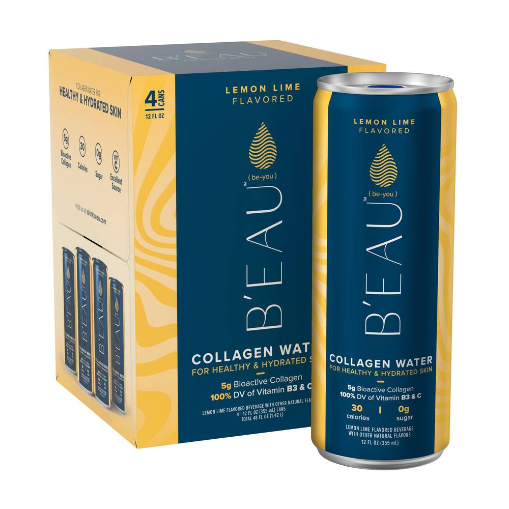 B'EAU Collagen Water, Lemon Lime Flavored Water, 12 Fl Oz, 4 Pack